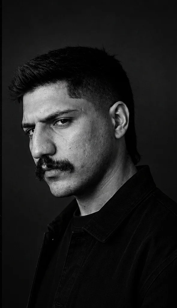 Black-and-white portrait of AESHROUSH